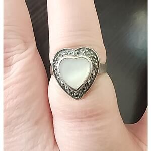 Heart Shaped Mother of Pearl and Marcasite Sterling Silver Ring – Size 7